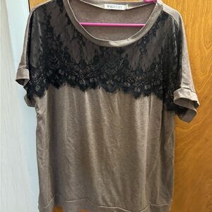 Taupe Lace-Trim Short Sleeve Top
